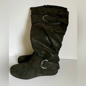 Luoika Womens Black Zipper Knee High Flat Heel Round Toe Riding Boots Size 9.5XW